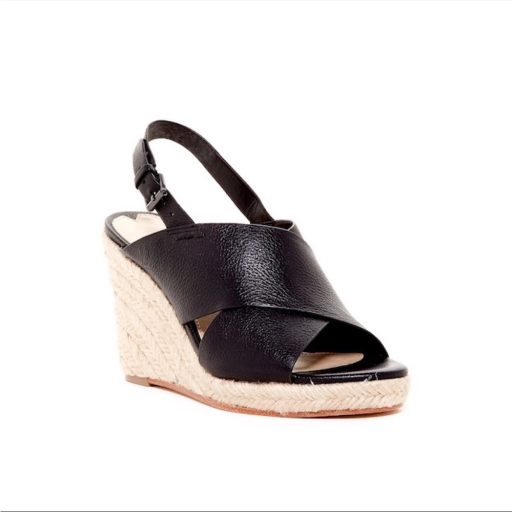 Via Spiga Rosette Open Toe Leather Wedge Sandal in black size 8.5